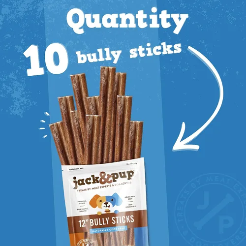 Vista 4 de Jack&Pup Bully Sticks de 12 pulgadas para perros (paquete de 10) masticables extra gruesos para perros de larga duración, sin olor, de un solo