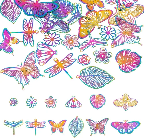 Vista 19 de FASHEWELRY 50 piezas de conectores de filigrana de mariposa de acero inoxidable, adornos de metal grabados con arco iris para fabricación de joyas