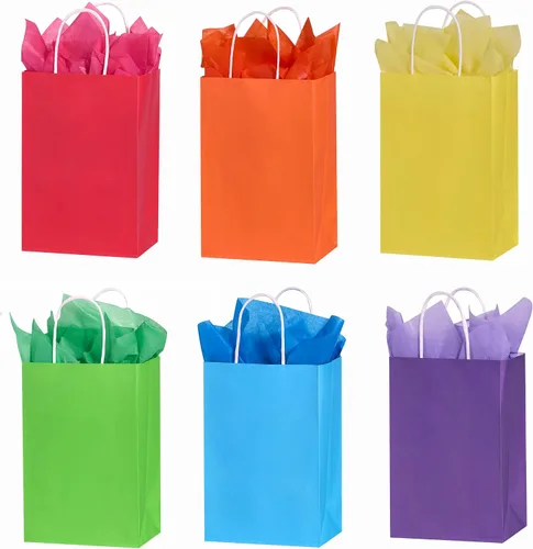 Vista 4 de SUNCOLOR Bolsas de regalo negras con asas, paquete de 24 bolsas pequeñas de papel kraft para fiestas, 7.9 x 5.12 x 3.15 pulgadas con papel de seda