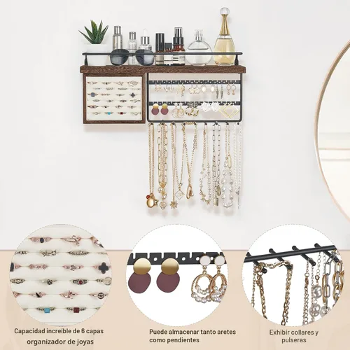 Vista 2 de Mkono Organizador de joyas colgante montado en la pared, organizador de joyas con estante de madera rústica, caja de exhibición de anillos, aretes