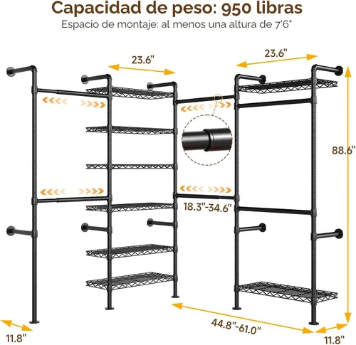 Vista 3 de ONBRILL L4 - Perchero industrial de tubería para montar en la pared, sistema organizador de armario con 6 barras de ropa colgantes