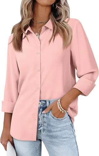 Vista 12 de siliteelon Camisas de manga larga con botones de gasa para mujer: blusas de trabajo con cuello para negocios, oficina, vestidos casuales