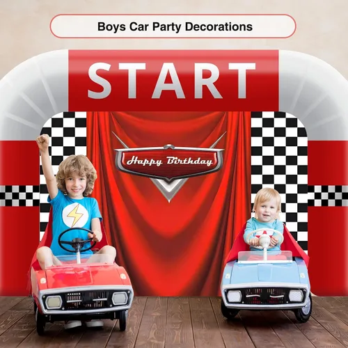Vista 6 de Fondo de cumpleaños de coche con bandera de carreras, 5 x 3 pies, fondo de fotos de carreras a cuadros duradero para decoraciones de cumpleaños