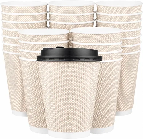 Vista 10 de Promora Tazas de café desechables marrones con tapas de 8 onzas, tazas de papel onduladas de papel aislado premium para café caliente, taza de café