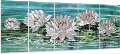 Vista 8 de Yihui Arts Arte de pared de flores de metal plateado, 5 piezas de arte de aluminio, escultura botánica contemporánea para sala de estar, dormitorio