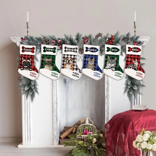 Vista 7 de Foto personalizada, Feliz Navidad, búfalo rojo, a cuadros, feliz perro, calcetín de Navidad, copo de nieve, decoración de vacaciones, calcetín