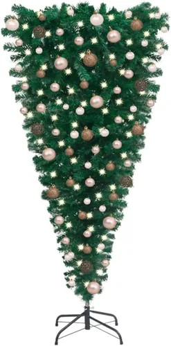 Vista 14 de Árbol de Navidad artificial verde al revés de 5 pies con 150 luces LED y bolas de Navidad doradas, árbol de Navidad artificial completo