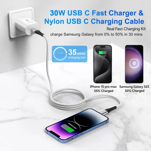 Vista 5 de Dayaoncy Cargador USB C de 30 vatios para iPhone 15 de carga rápida, cargador rápido USB C de 30 W tipo C de pared y cable de carga USB C a USB C