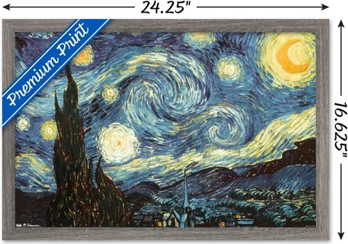 Vista 3 de Trends International Póster de pared The Starry Night de Vincent van Gogh, 14.725 x 22.375 pulgadas, versión enmarcada de madera de granero