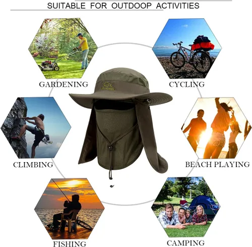 Vista 5 de YR.Lover Gorra de pesca de ala ancha con protección solar UV para exteriores con solapa extraíble