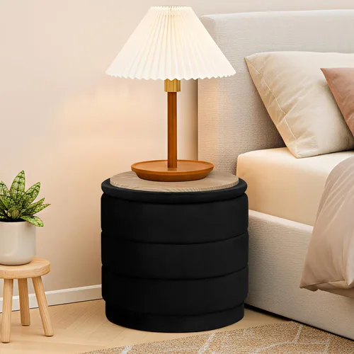 Vista 7 de Otomana redonda de terciopelo de 15.4 pulgadas con tapa reversible, reposapiés otomano circular tapizado con almacenamiento oculto, reposapiés Negro