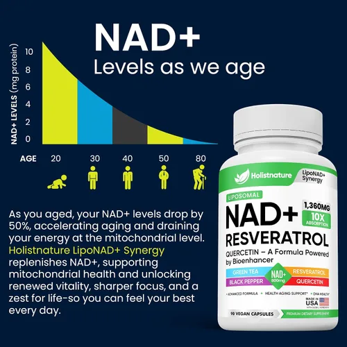 Vista 9 de Suplemento NAD+, 1,360 mg de fuerza máxima liposomal Resveratrol, quercetina, té verde Energía celular y envejecimiento saludable para hombres