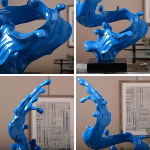 Vista 5 de HAUCOZE - Estatuilla abstracta de olas marinas para decoración del hogar, 16.1 pulgadas Blue Resin Handmade Statue with Black Base Fashion Gift