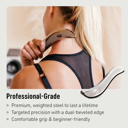 Vista 3 de SIDEKICK Echo Muscle Scraper - Herramienta Gua Sha de acero - con agarre antifatiga patentado de acero inoxidable - Kit completo incluido - Diseñado