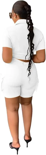 Vista 2 de Umenlele Conjunto de 2 piezas para mujer, cuello en V, manga corta, vendaje, camiseta corta con bolsillo