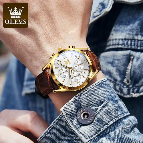 Vista 8 de OLEVS Reloj cronógrafo de cuarzo para hombre correa de cuero dorada con fecha de día reloj de pulsera de acero inoxidable impermeable relojes