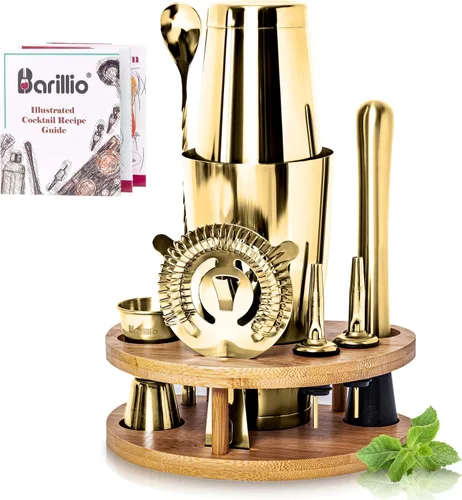 Vista 9 de Barillio Black Mixology - Kit de barman con soporte, juego de coctelera con soporte de bambú, coctelera Boston, Mojito Muddler y cuchara mezcladora