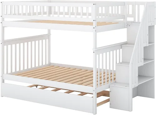 Vista 6 de Litera de madera para niños, tamaño matrimonial sobre matrimonial, con escaleras, cama nido de almacenamiento para niños y niñas, no necesita somier