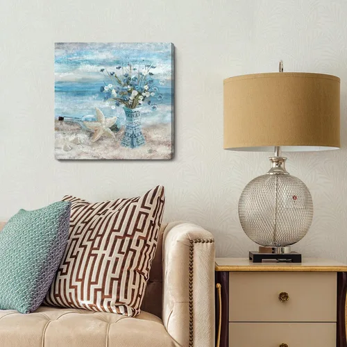 Vista 8 de Arte de pared para decoración de baño, imagen de playa azul, tema oceánico, impresión en lienzo de flores, pintura moderna de paisaje marino