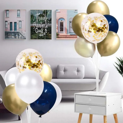 Vista 6 de Globos de confeti azul marino y dorados, 50 unidades de 12 pulgadas, globos de cumpleaños de perla blanca y dorados metálicos cromados