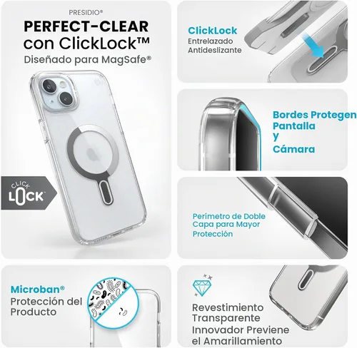 Vista 3 de Speck Funda transparente para iPhone 15 Plus – Bloqueo de bloqueo antideslizante ClickLock, diseñada para MagSafe, protección contra caídas