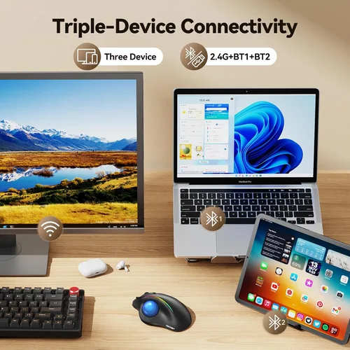 Vista 4 de TECKNET Ratón de Trackball inalámbrico profesional, mouse Bluetooth con control ergonómico de pulgar, USB-C recargable, mouse con luz RGB con DPI