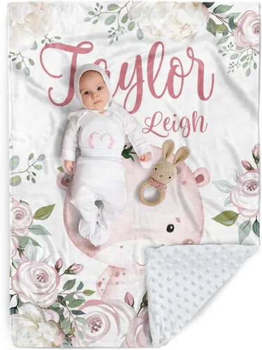 Vista 21 de Manta de bebé personalizada, manta de felpa suave con respaldo de puntos de doble capa para niños y niñas, nombre personalizado con diseño de animal