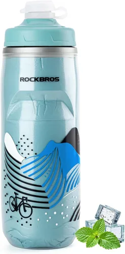 Vista 14 de ROCKBROS Botella de agua para bicicleta de 21 onzas, botella de agua para bicicleta para 5 horas de aislamiento, botella de agua deportiva Negro