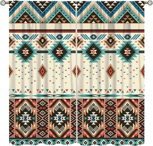 Vista 28 de YCness Cortinas aztecas para dormitorio, decoración geométrica étnica del suroeste para sala de estar, diseño tribal bohemio de elefante nativo