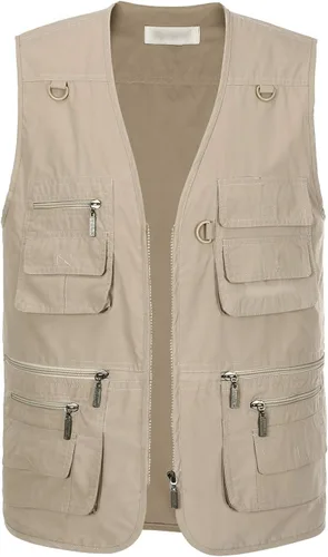 Vista 2 de Hbufnha Chaleco de viaje casual Safari para hombre, 16 bolsillos, chaleco de trabajo al aire libre, chaqueta sin mangas, chaqueta de pesca