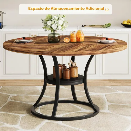 Vista 7 de Mesa de comedor redonda de 47 pulgadas para 4-6 personas con estante de almacenamiento, granja Asientos 4 – 6 estantes de almacenamiento