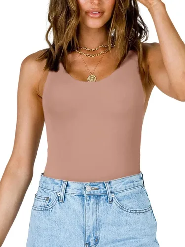 Vista 3 de REORIA Sexy cuello redondo sin mangas sin mangas con doble forro de tanga para mujer