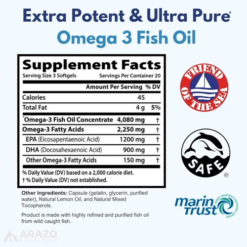 Vista 2 de Arazo Nutrition Concentrado de aceite de pescado omega-3 capturado en la naturaleza – 4,080 mg por porción – EPA alto 1200 mg y DHA 900 mg – 60