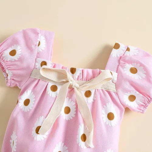 Vista 2 de Enterizo de verano de algodón para bebé recién nacida con estampado floral cuello cuadrado manga corta