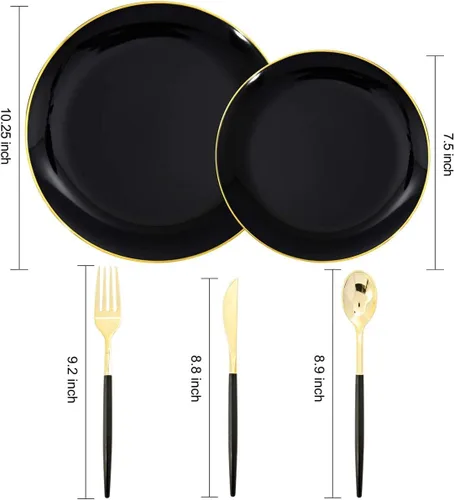 Vista 7 de 150 piezas de platos de plástico negros, platos negros y dorados, cubiertos de plástico dorados, juego de vajilla negro y dorado, vajilla de calidad