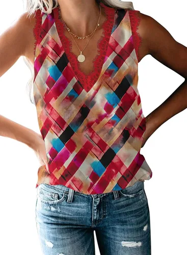Vista 231 de VIISHOW - Camiseta sin mangas, sexy, con cuello en V y bordes de encaje para mujer, camisola de vestir, camisas de gasa, sin mangas, casuales