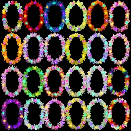 Vista 22 de Sherr 24 piezas de collares de flores hawaianas con luces LED para boda, luces LED para luau, collares de flores hawaianas para playa, carnaval