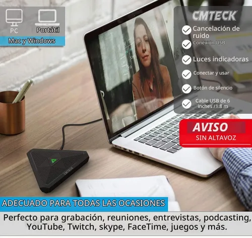 Vista 4 de CMTECK Micrófono USB para Conferencias, Botón de Silencio, Micrófono de Condensador Omnidireccional de Superficie para Grabación, Transmisión