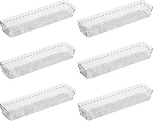 Vista 10 de Oggi Organizador de cajones transparente, 3 x 9.5 pulgadas (juego de 6), ideal para organizar cajones de cocina, oficina, escritorio, cubiertos
