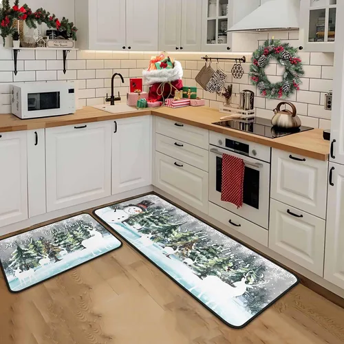 Vista 7 de Juego de 2 tapetes de cocina verdes de Navidad, decoración de Navidad antideslizante, ciervo, muñeco de nieve, alfombras de cocina de invierno