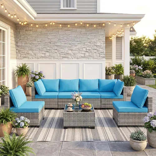 Vista 31 de ANJ Juego de muebles de mimbre para patio de 3 piezas, sofá modular de dos plazas con mesa de centro de cristal, juego de sofá de conversación