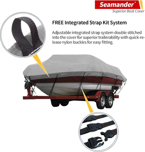 Vista 5 de Cubierta Seamander para lancha, resistente e impermeable para casco en V, de tres cascos, para pesca, esquí, estilo profesional para poca Gris