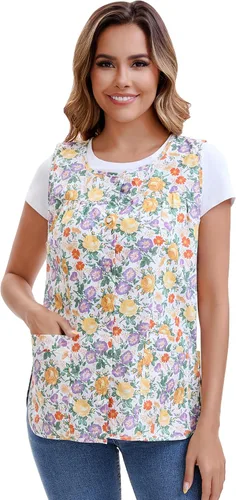 Vista 7 de Nanxson Delantal de cobbler para mujer, bata de algodón con 2 bolsillos de parche, delantal impreso con botones para el trabajo, cocina de chef
