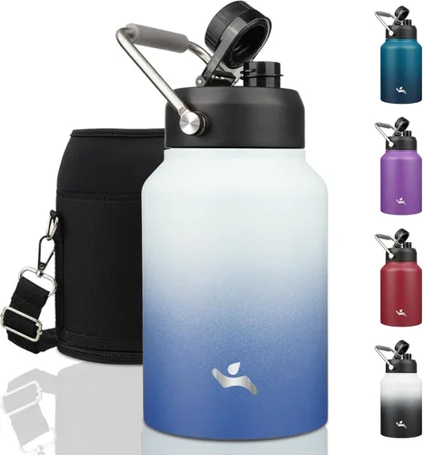 Vista 9 de Konokyo Jarra de medio galón con asa, botella de agua aislada de 64 onzas con bolsa de transporte, botella de metal de acero inoxidable al vacío