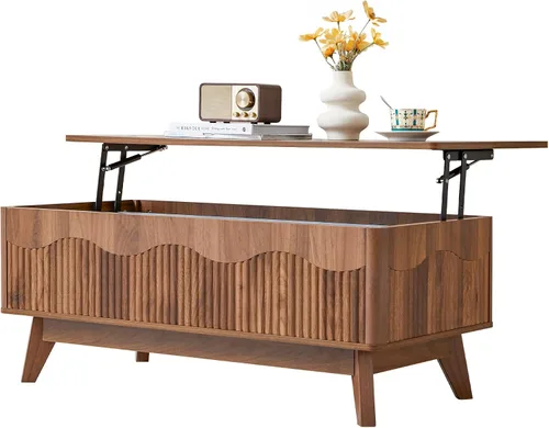Vista 9 de BERRYMERRY Mesa de centro elevable con almacenamiento oculto, mesa de centro acanalada de granja con perfil ondulado, mesa central rectangular