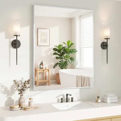 Vista 44 de Koonmi Espejo de pared rectangular negro, espejo de baño de 20 x 30 pulgadas, espejo de tocador con marco de aluminio para entrada, sala de estar
