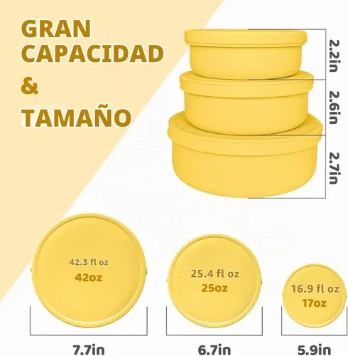 Vista 3 de Juego de 3 cuencos de silicona para almacenamiento de alimentos con tapas, aptos para microondas y congelador Amarillo claro