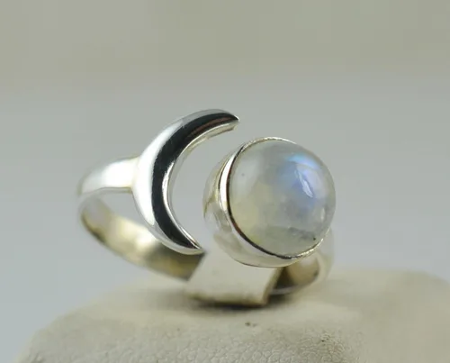 Vista 8 de Navya Craft Anillo de plata de ley 925 con piedra lunar y luna creciente, ajustable, para mujer, piedra lunar arcoíris natural, joyería hecha a