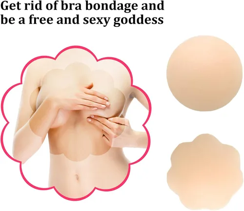 Vista 2 de QUXIANG 4 Pairs Pasties Women Nipple Covers Reusable Adhesive Silicone Nippleless Covers (2 Round+2 Flower)