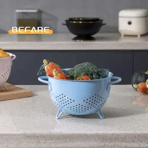 Vista 7 de Colador de metal de 5 cuartos de galón con recubrimiento en polvo, colador de metal autodrenante con base, cesta de frutas y verduras con asas